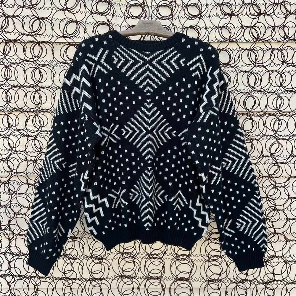 Vintage 80s Sweater Graphix Black White Geometric Diamond Dot Lines Sweater LG